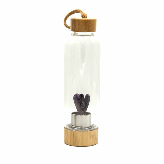 Amethyst Crystal Infused Glass Water Bottle with Angel 😇 – 500ml Bamboo & Glass Elixir Bottle