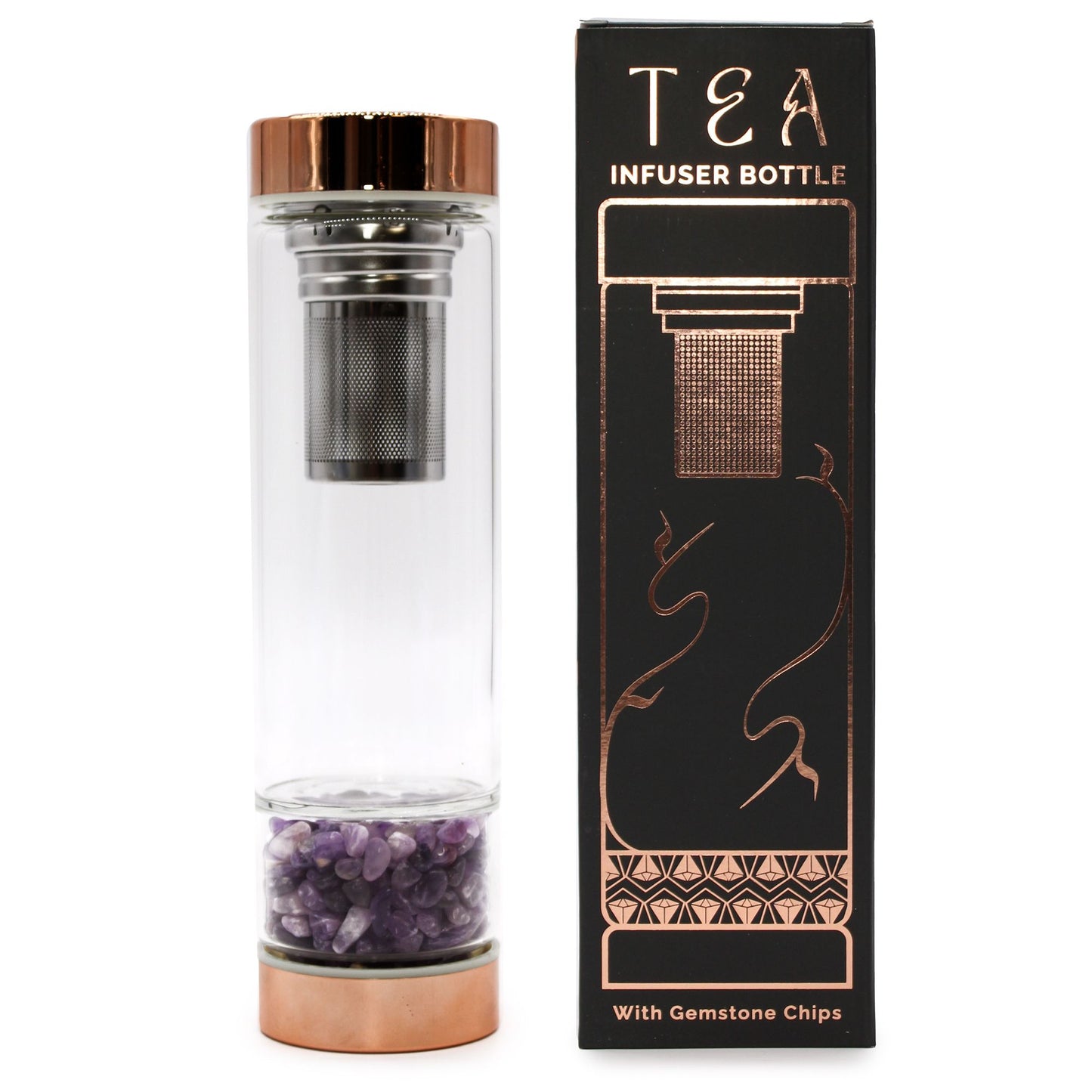 Crystal Glass Tea Infuser Bottle – Rose Gold & Amethyst ✨ | Luxury Loose Leaf Tea Bottle 500ml
