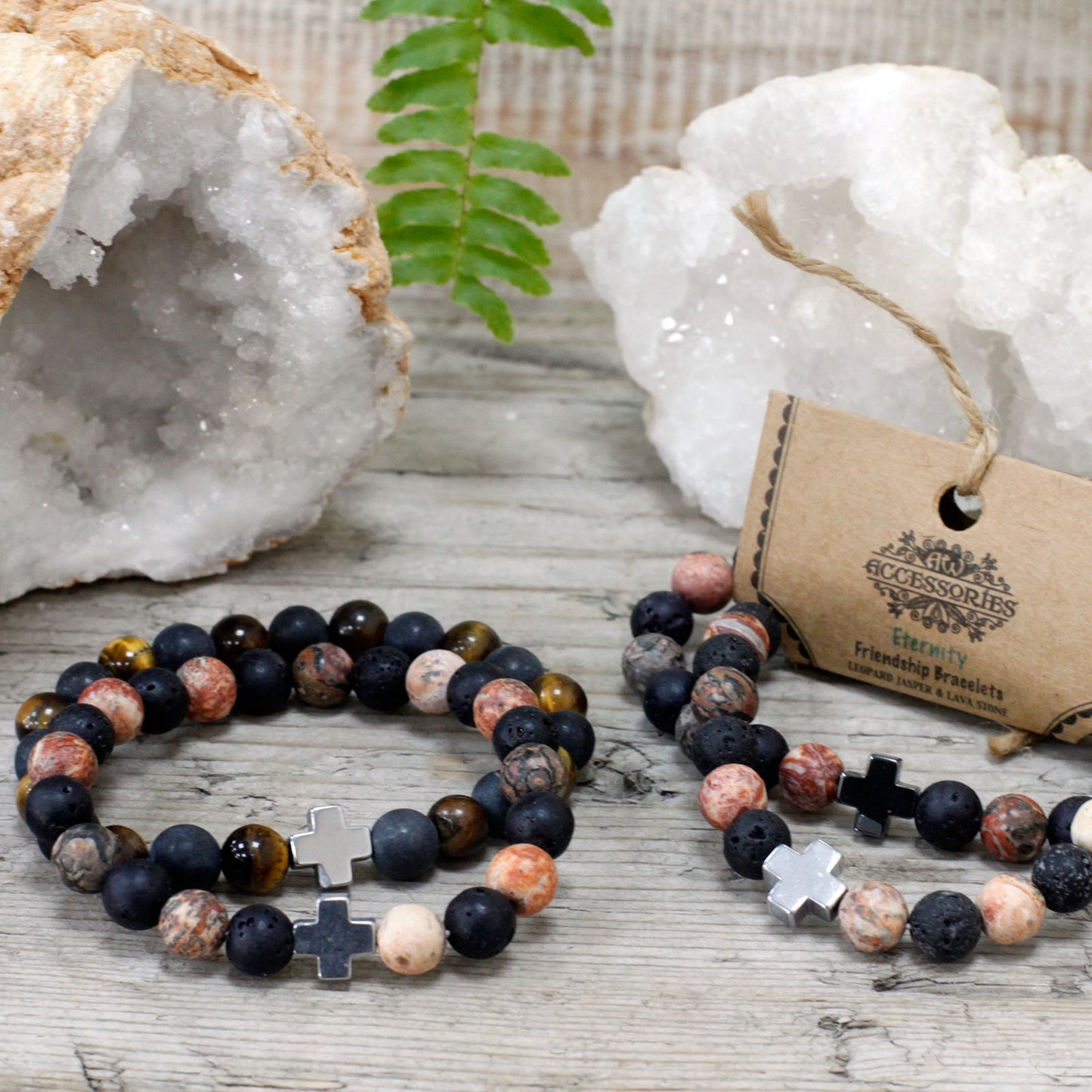 Set of 2 Gemstone Friendship Bracelets – Eternity – Leopard Skin Jasper & Lava Stone 🐆🖤