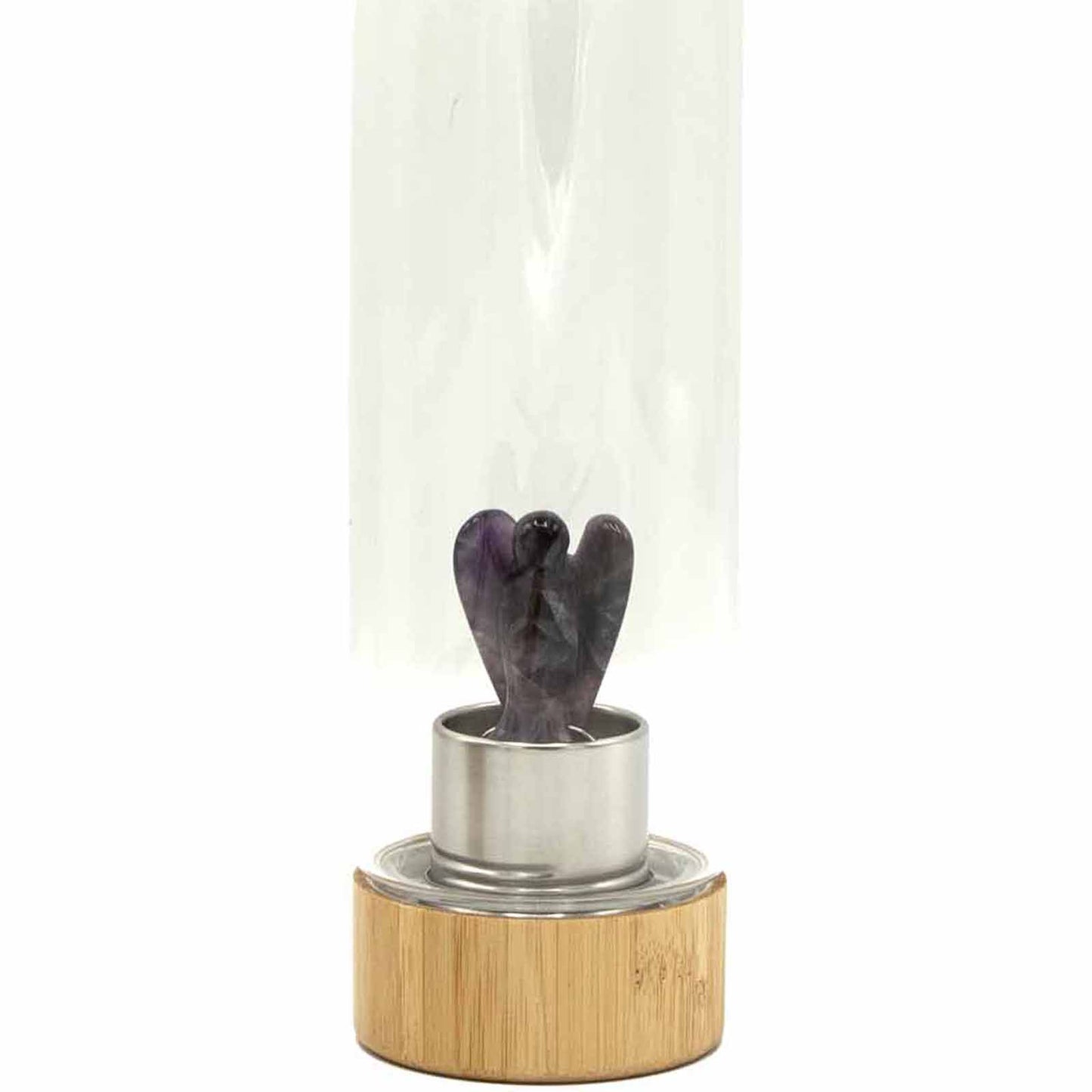 Amethyst Crystal Infused Glass Water Bottle with Angel 😇 – 500ml Bamboo & Glass Elixir Bottle