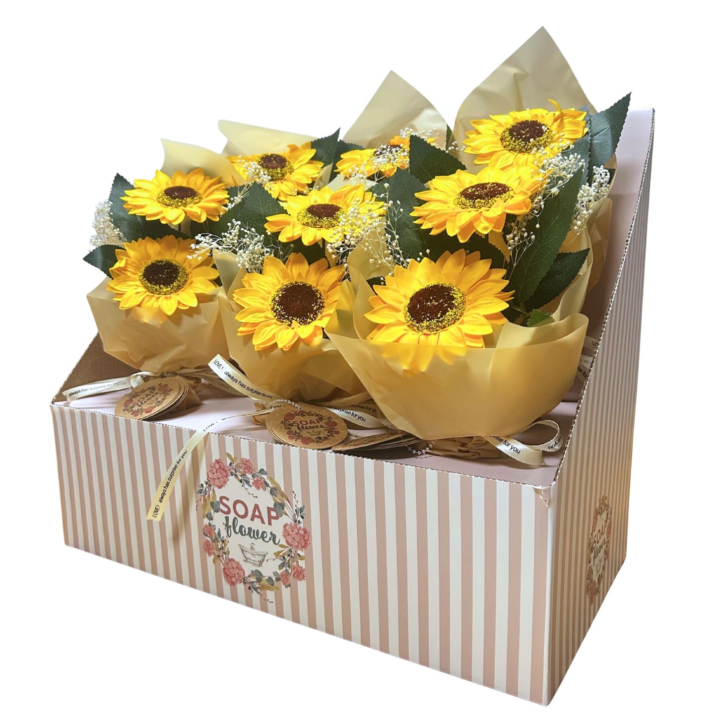 Bouquet de deux tournesols en fleurs de savon – Cadeau ensoleillé longue durée et délice pour le bain