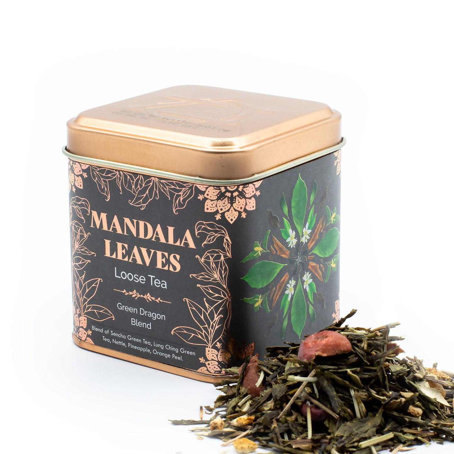 Thé Vert Mélange Green Dragon en Boîte 50g 🍵✨ | Sencha & Lung Ching | Ananas, Écorce d'Orange & Myrtille