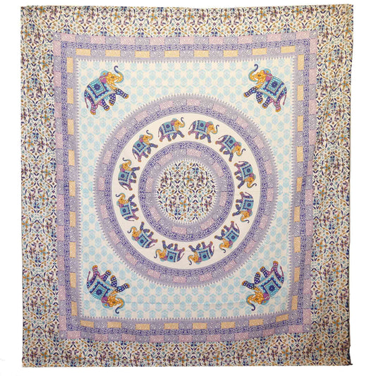 🩵 Elephant Mandala Wall Hanging / Beach Spread – Turquoise & Blue on Cream | Bohemian Indian Tapestry