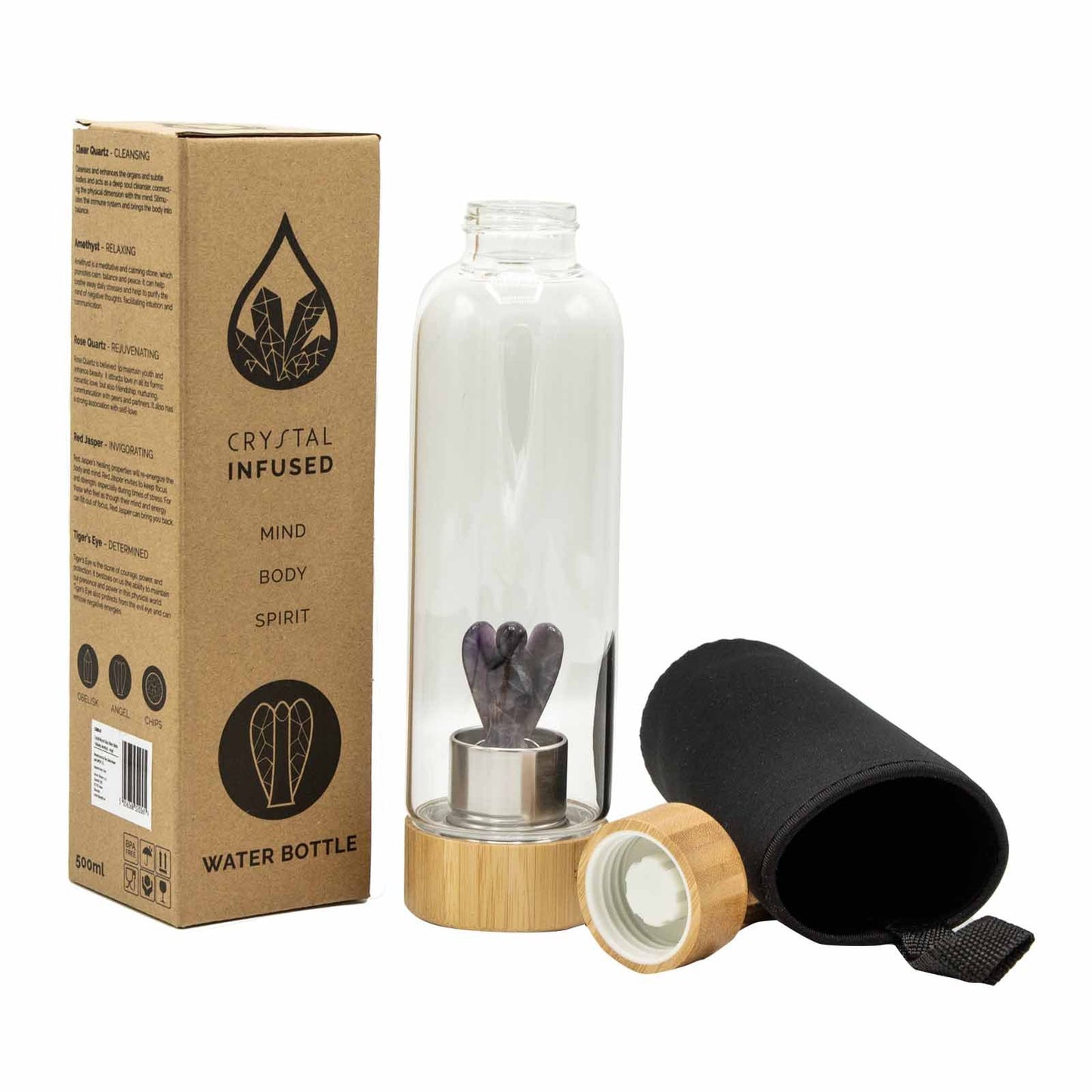 Amethyst Crystal Infused Glass Water Bottle with Angel 😇 – 500ml Bamboo & Glass Elixir Bottle