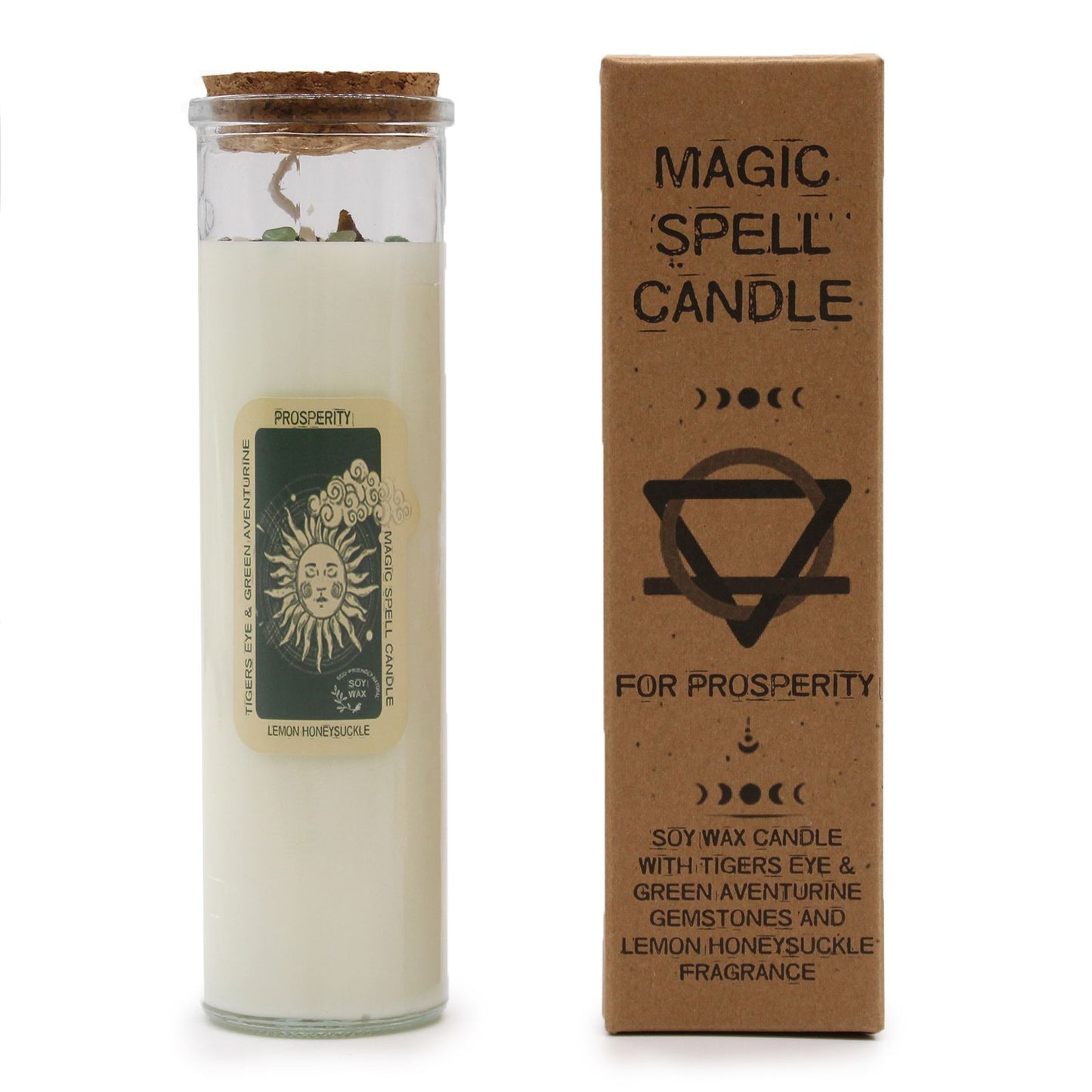 🕯️ Magic Spell Candle – Prosperity | Soy Wax Candle with Tiger Eye, Green Aventurine & Lemon Honeysuckle 🍋✨