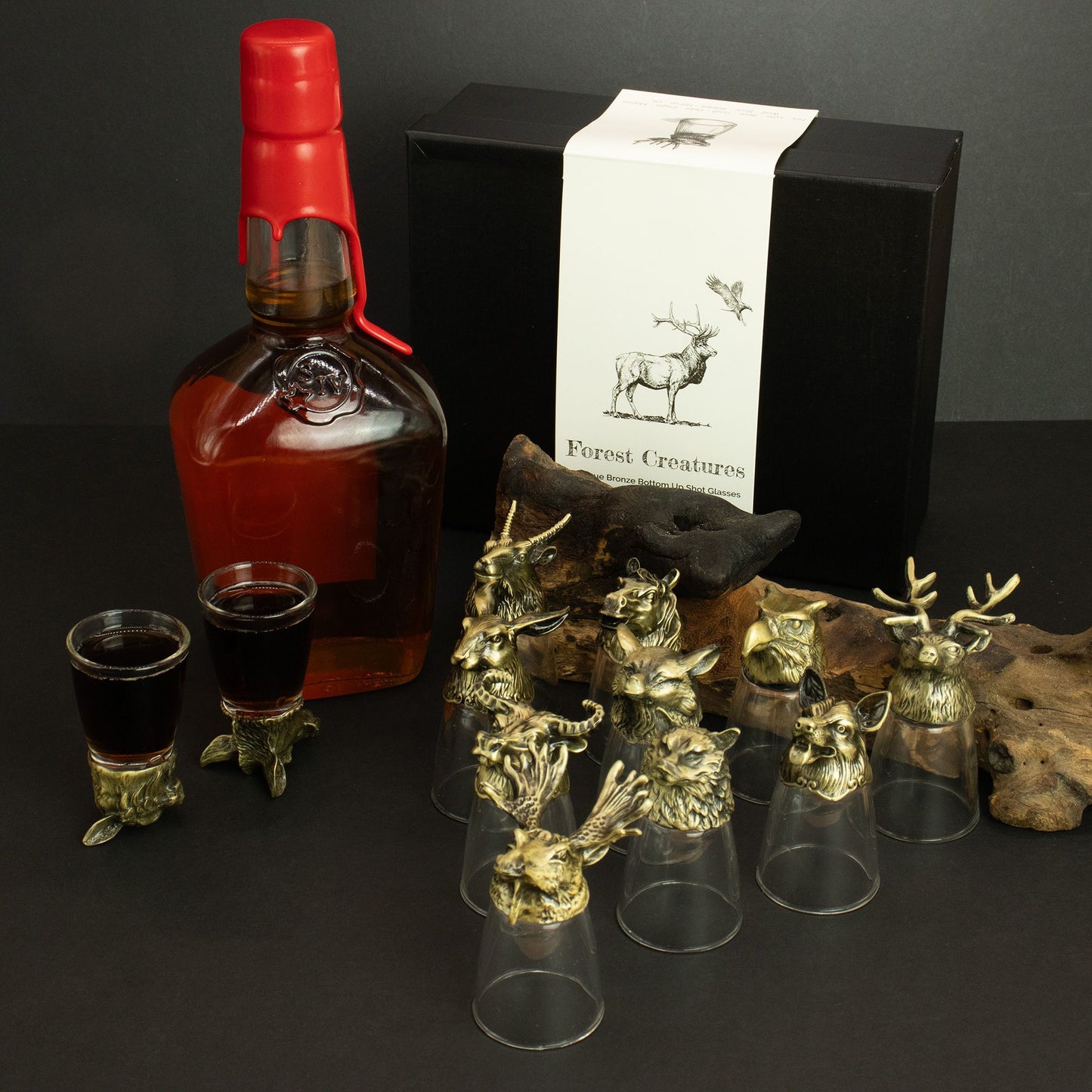 Gift Set of 12 Bottom Up Shot Glasses (25ml) – Forest & Mystical Creatures – Antique Bronze