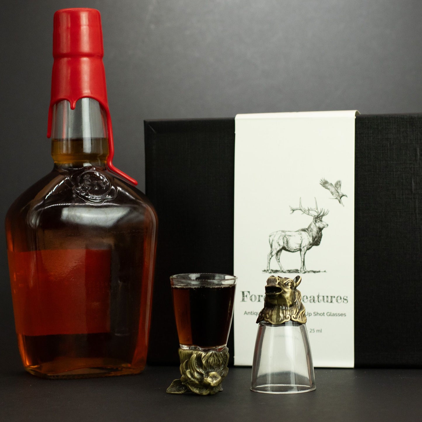 Gift Set of 12 Bottom Up Shot Glasses (25ml) – Forest & Mystical Creatures – Antique Bronze