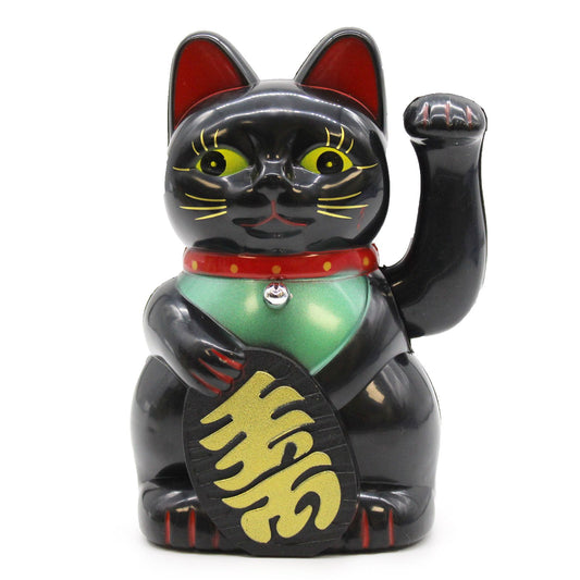 Black Money Cat 15cm Lucky Waving Cat Statue - Battery Operated Wealth Beckoning Ornament