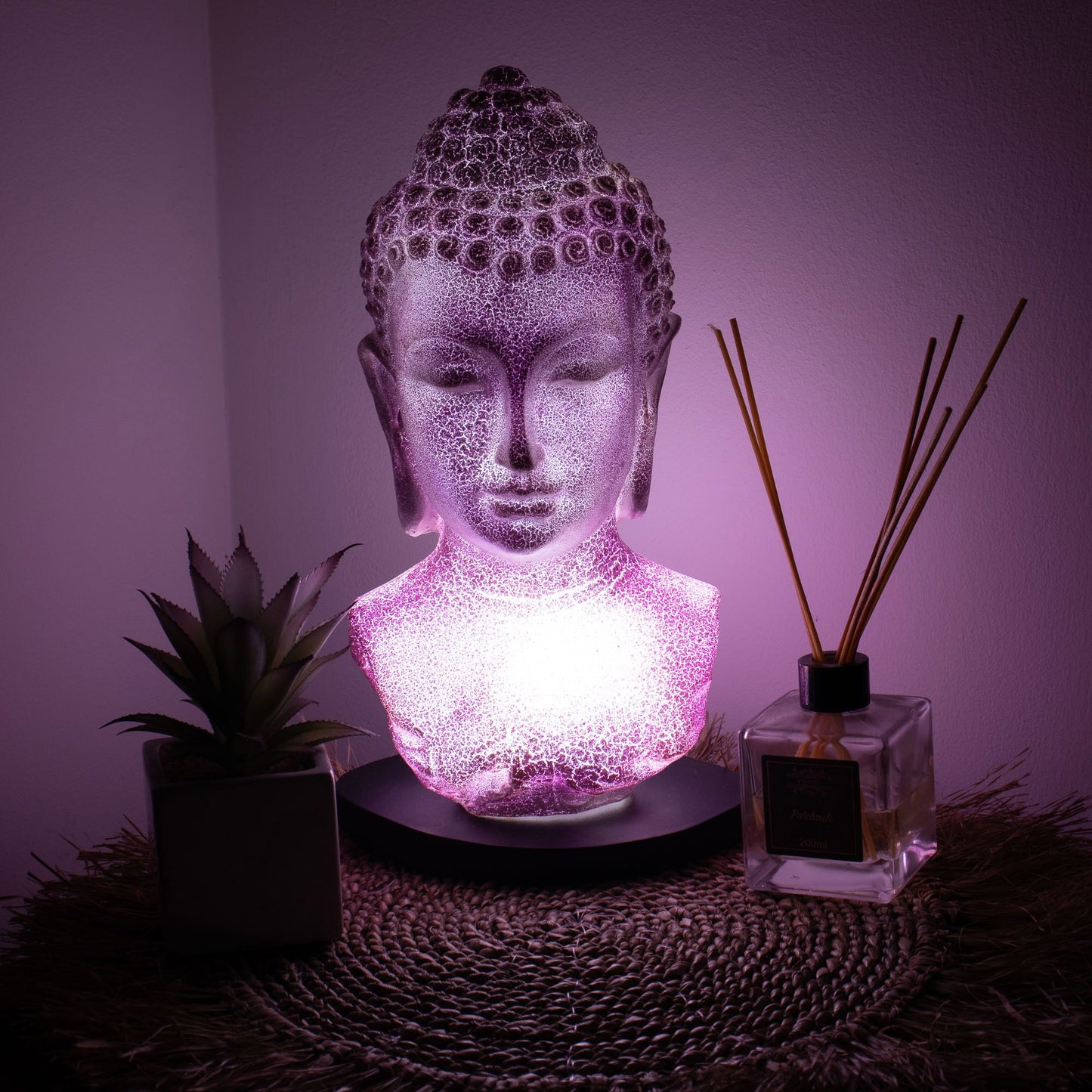 Busto de Buda Lámpara Lavanda Craquelada con Base Ovalada – Lámpara de Mesa de Ambiente Calmante para Dormitorio y Espacios de Relajación