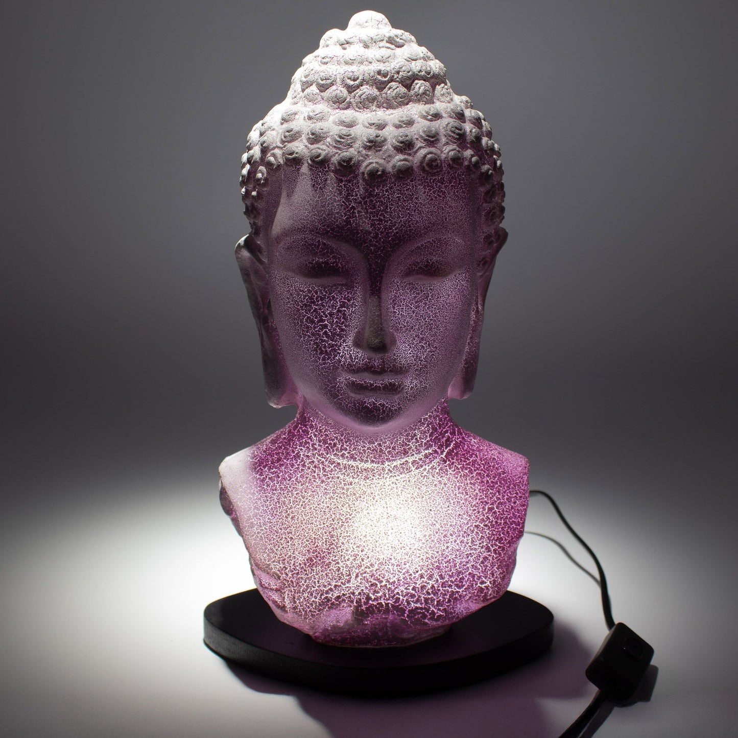 Busto de Buda Lámpara Lavanda Craquelada con Base Ovalada – Lámpara de Mesa de Ambiente Calmante para Dormitorio y Espacios de Relajación