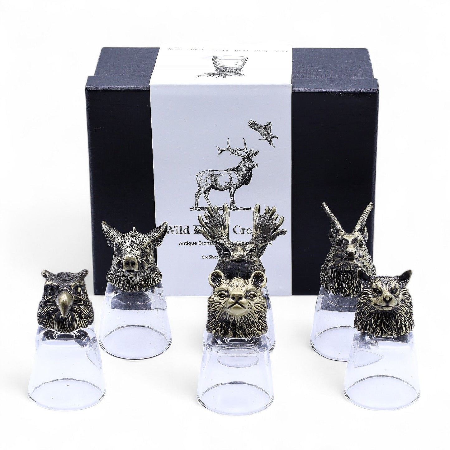 🦌🐗🦊 Forest Animal Head Shot Glass Set (6-Pack) – Antique Bronze Gift Boxed 50ml
