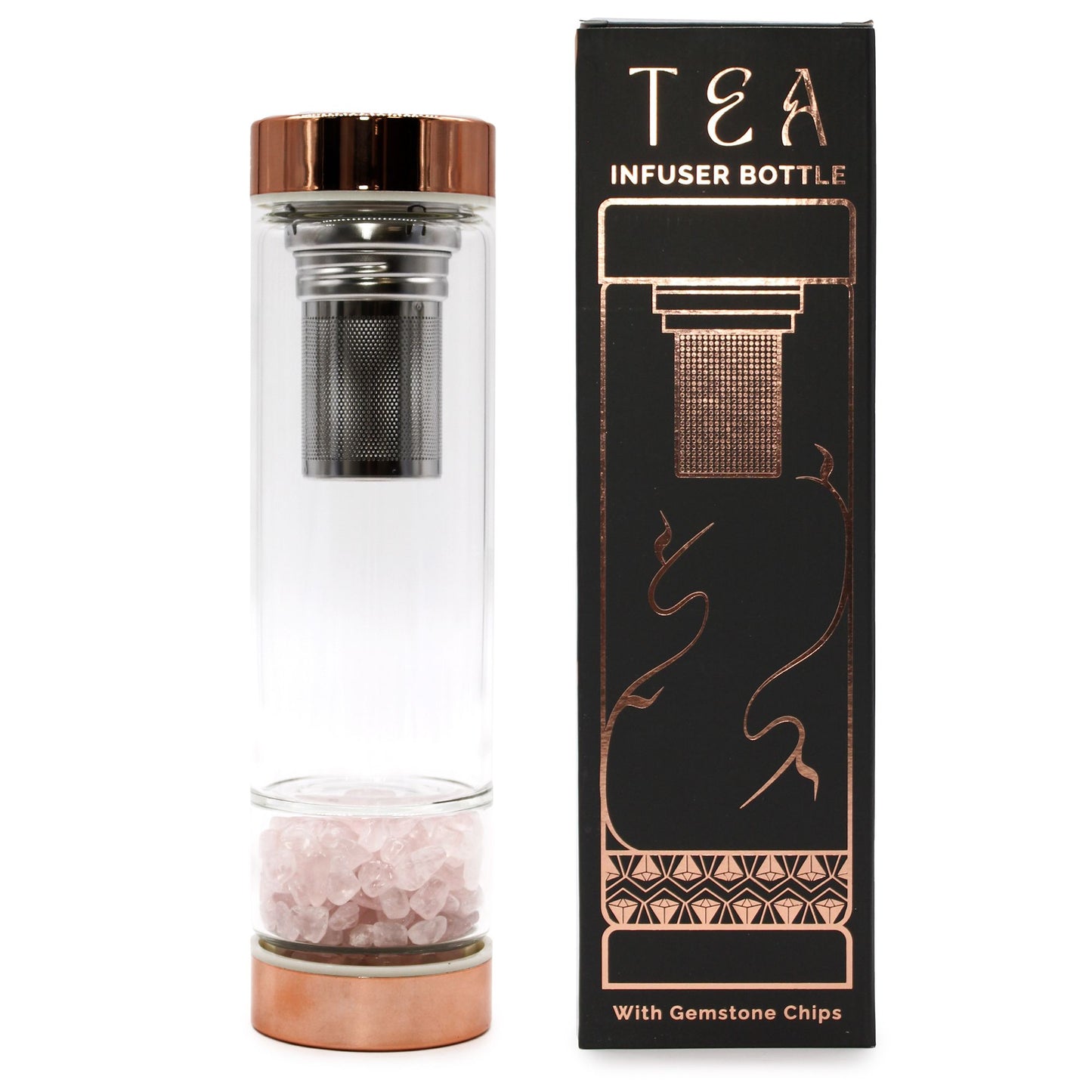 ✨ Crystal Glass Tea Infuser Bottle with Gemstones & Rose Quartz – 500ml ✨