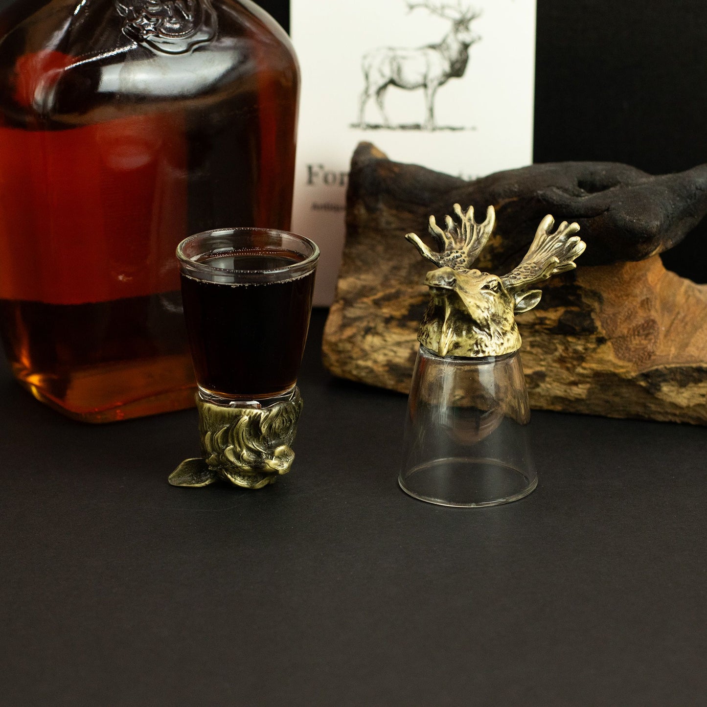 Gift Set of 12 Bottom Up Shot Glasses (25ml) – Forest & Mystical Creatures – Antique Bronze