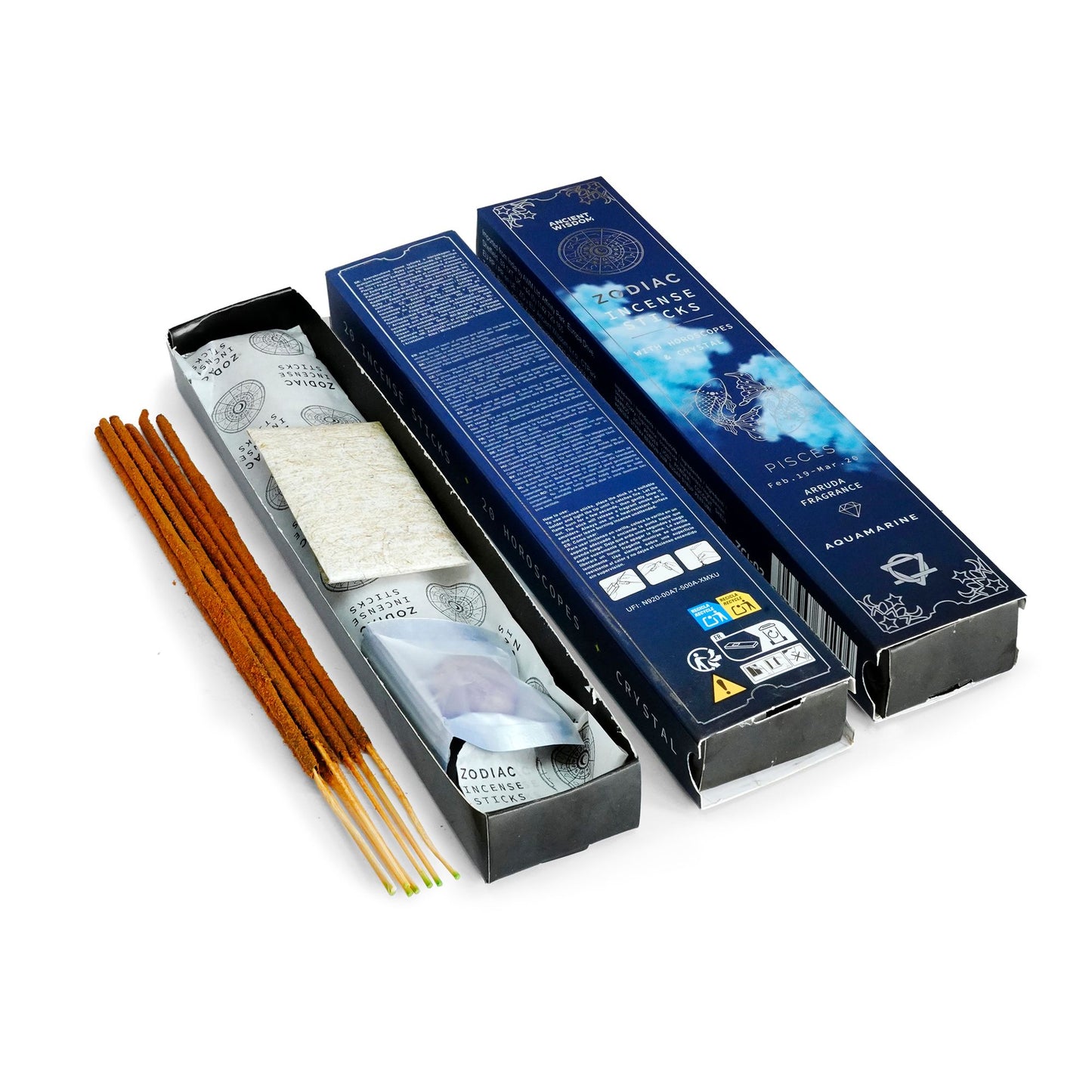 Pisces Incense Gift Set with Aquamarine Crystal & Burnable Horoscopes – Arruda Scent