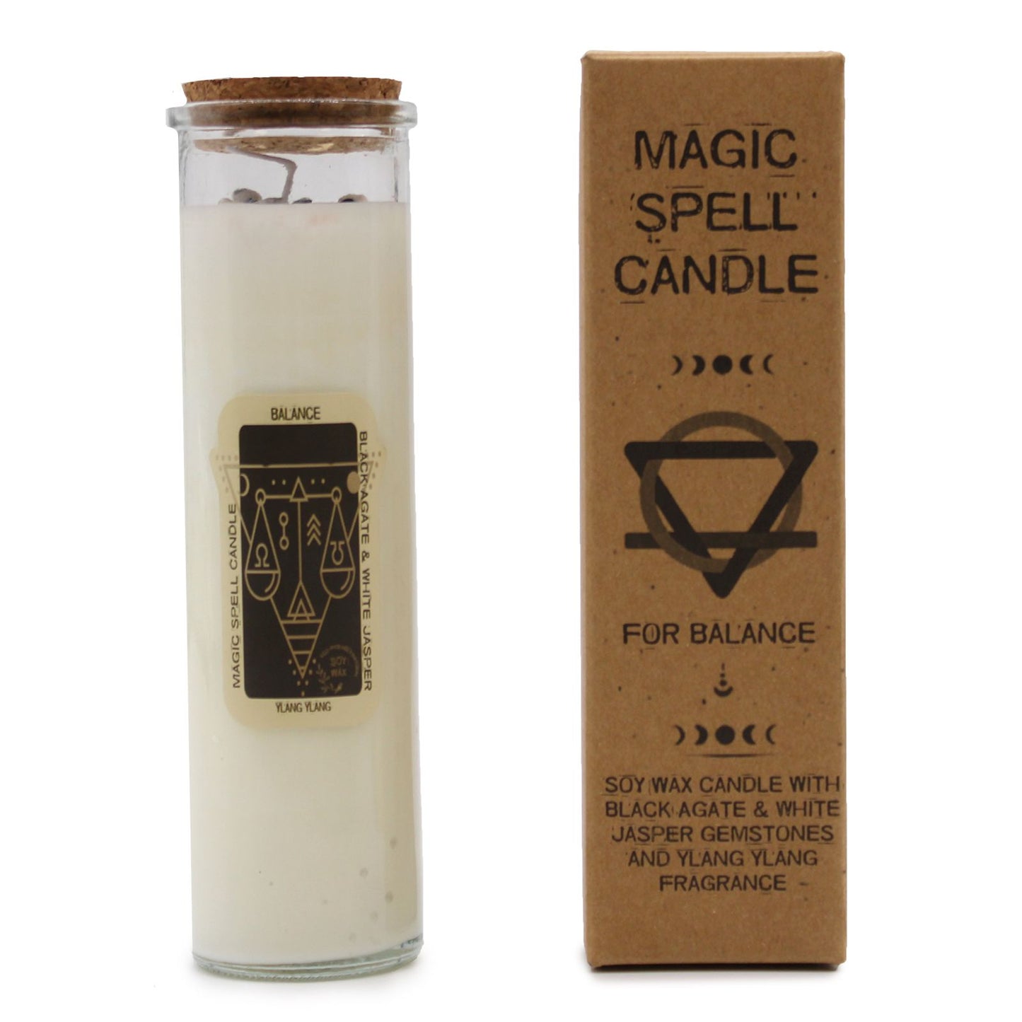 ✨ Magic Spell Candle – Balance | Soy Wax Candle with Black Agate & White Jasper Gemstones and Ylang Ylang Fragrance ✨