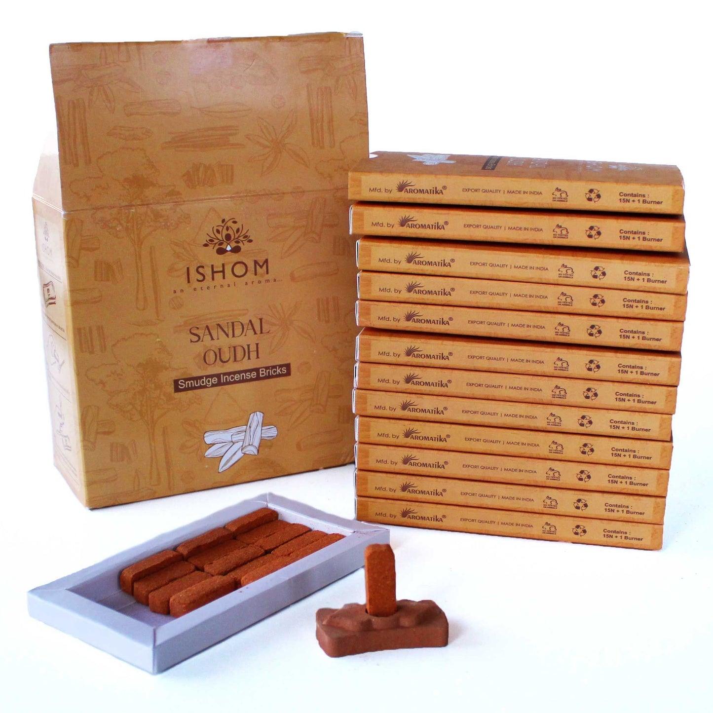 🕉️ Pack of 15 Natural Incense Smudge Bricks with Terracotta Burner – Sandalwood Aroma 🌿