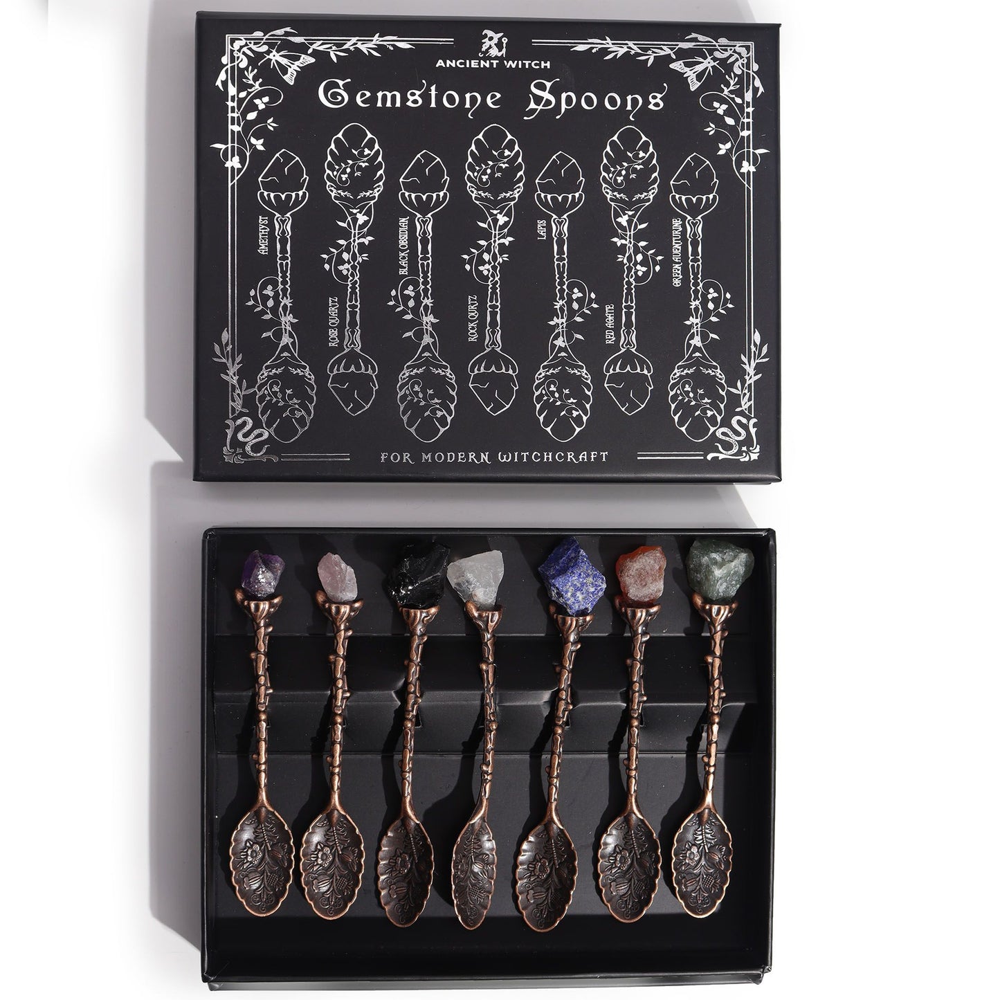 ✨ Set of 7 Bronze Gemstone Crystal Witch Spoons – Mystical Gift Box ✨