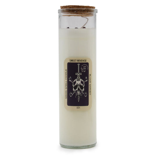 🕯️ Magic Spell Candle – Sweet Revenge 💎 with Blood Garnet Gemstones & Lily Fragrance
