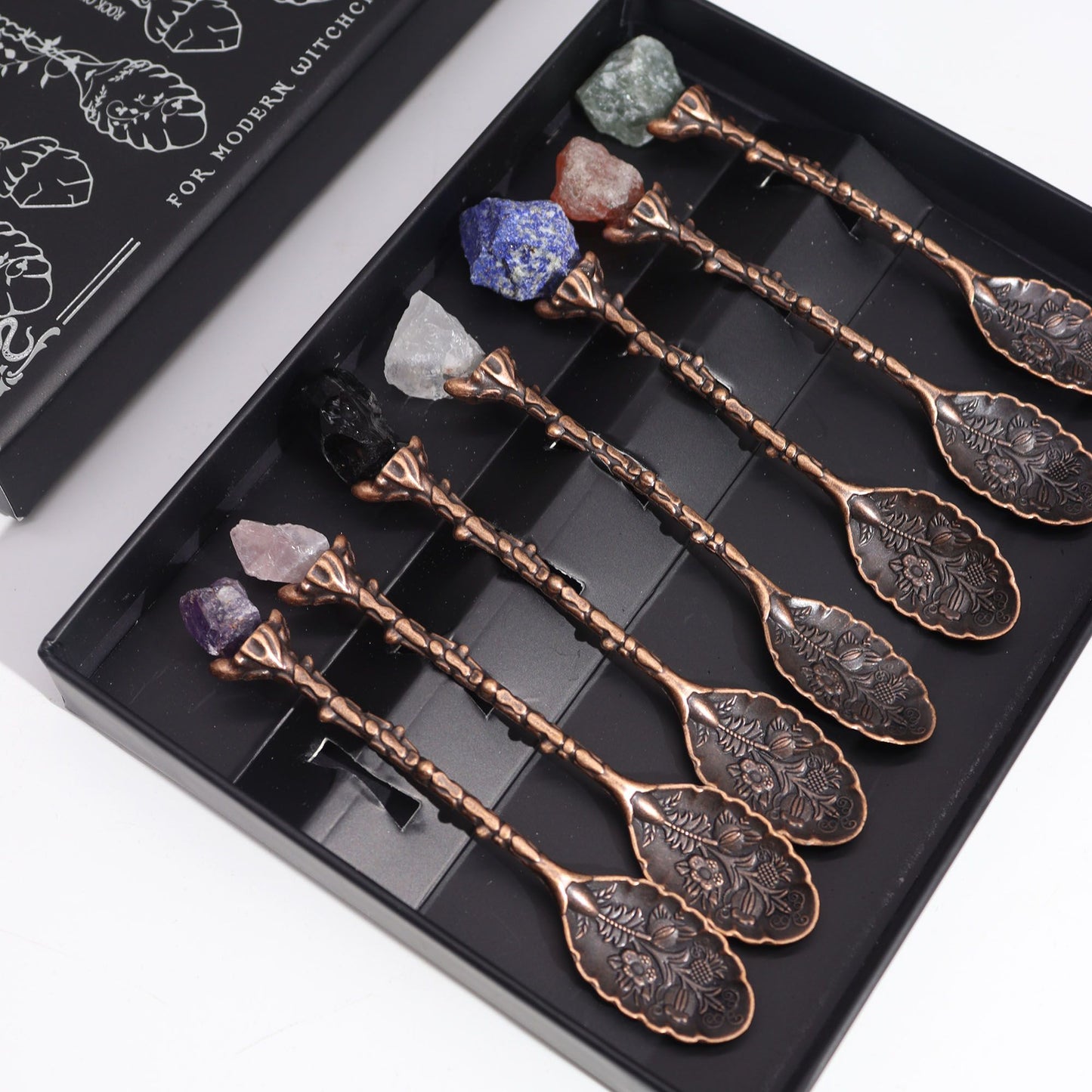 ✨ Set of 7 Bronze Gemstone Crystal Witch Spoons – Mystical Gift Box ✨