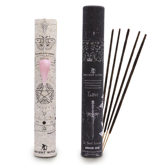 Ancient Witch Spell Incense – Love Ritual Set with Rose Quartz Pendulum 🔮💗