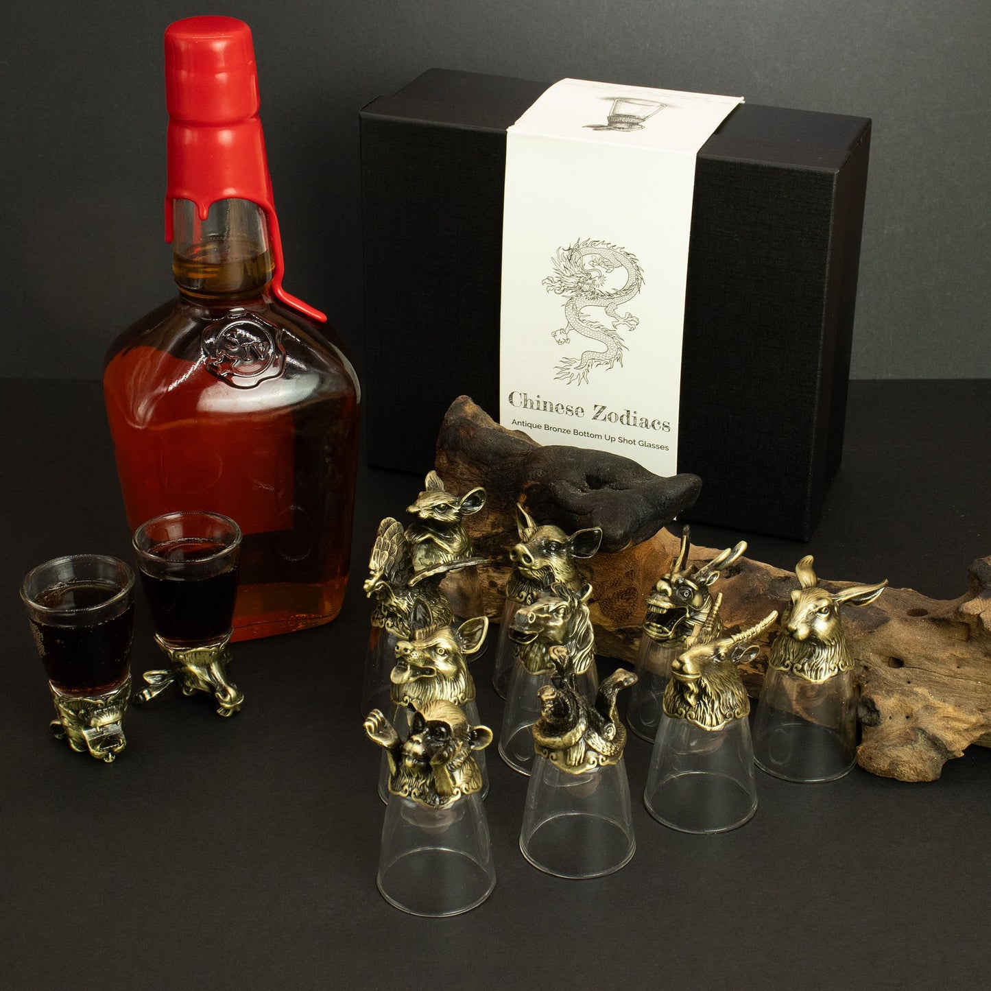 Ensemble de 12 verres à shot du zodiaque chinois – Verres de 25 ml avec base en métal de style antique et coffret cadeau
