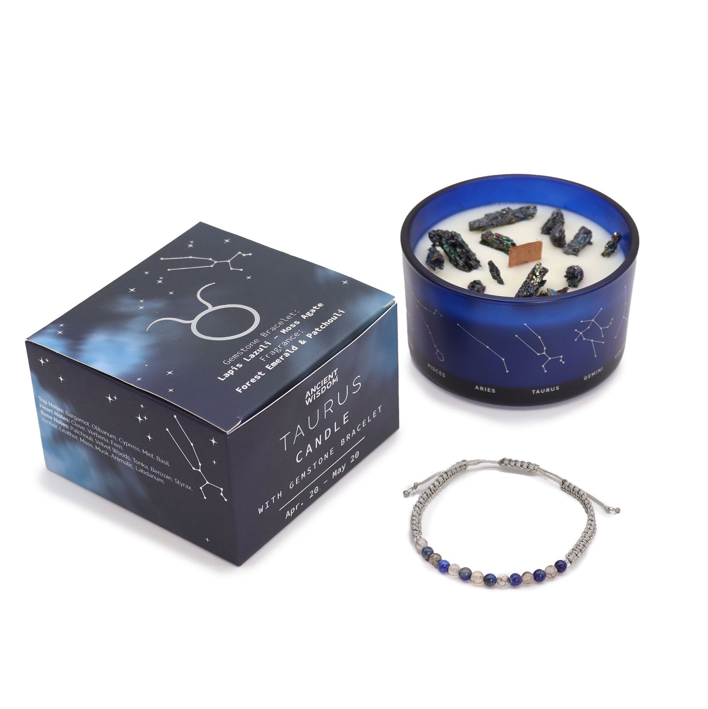 Bougie en Cristal du Zodiaque Taureau avec Bracelet en Pierres Précieuses – Coffret Cadeau Émeraude Forestière & Patchouli