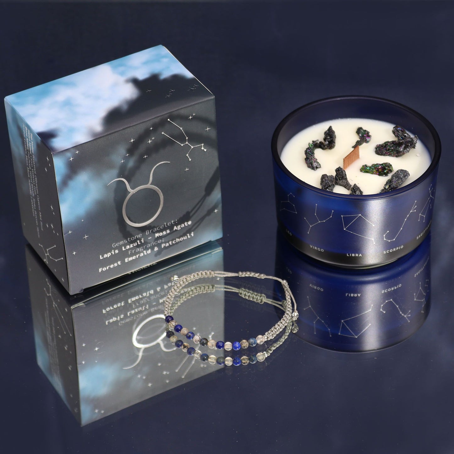 Bougie en Cristal du Zodiaque Taureau avec Bracelet en Pierres Précieuses – Coffret Cadeau Émeraude Forestière & Patchouli