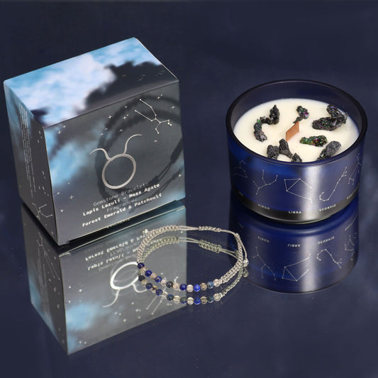 Bougie en Cristal du Zodiaque Taureau avec Bracelet en Pierres Précieuses – Coffret Cadeau Émeraude Forestière & Patchouli