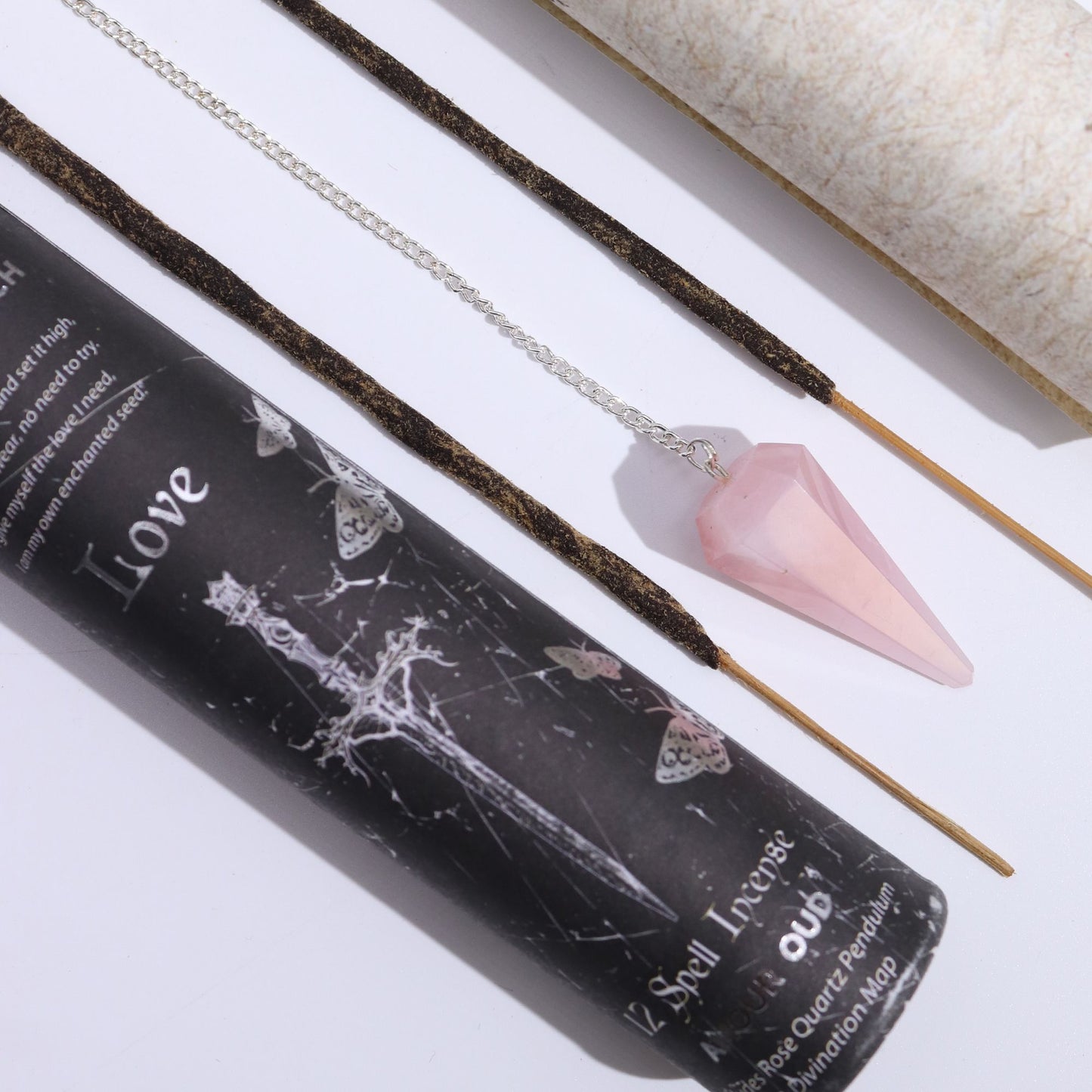 Ancient Witch Spell Incense – Love Ritual Set with Rose Quartz Pendulum 🔮💗