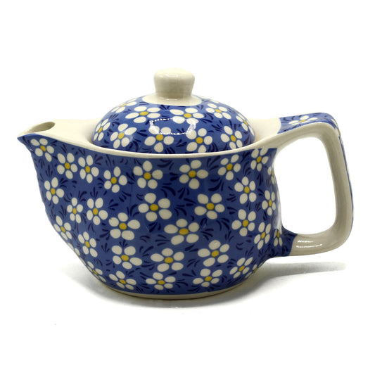 🌼 Small Herbal Teapot – Blue Daisy Design | Ceramic Loose-Leaf Teapot with Metal Strainer 🌼