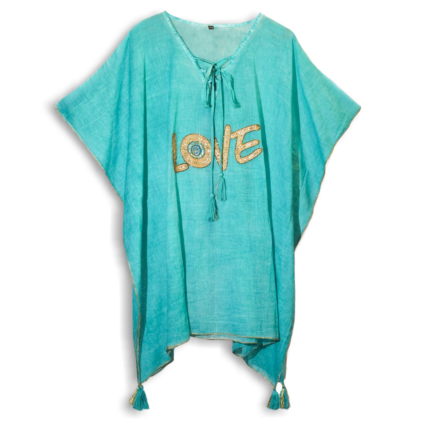 Nomad Sari “On the Med” Collection Kaftan – Turquoise & Gold Love Design (Hand Painted Cotton)