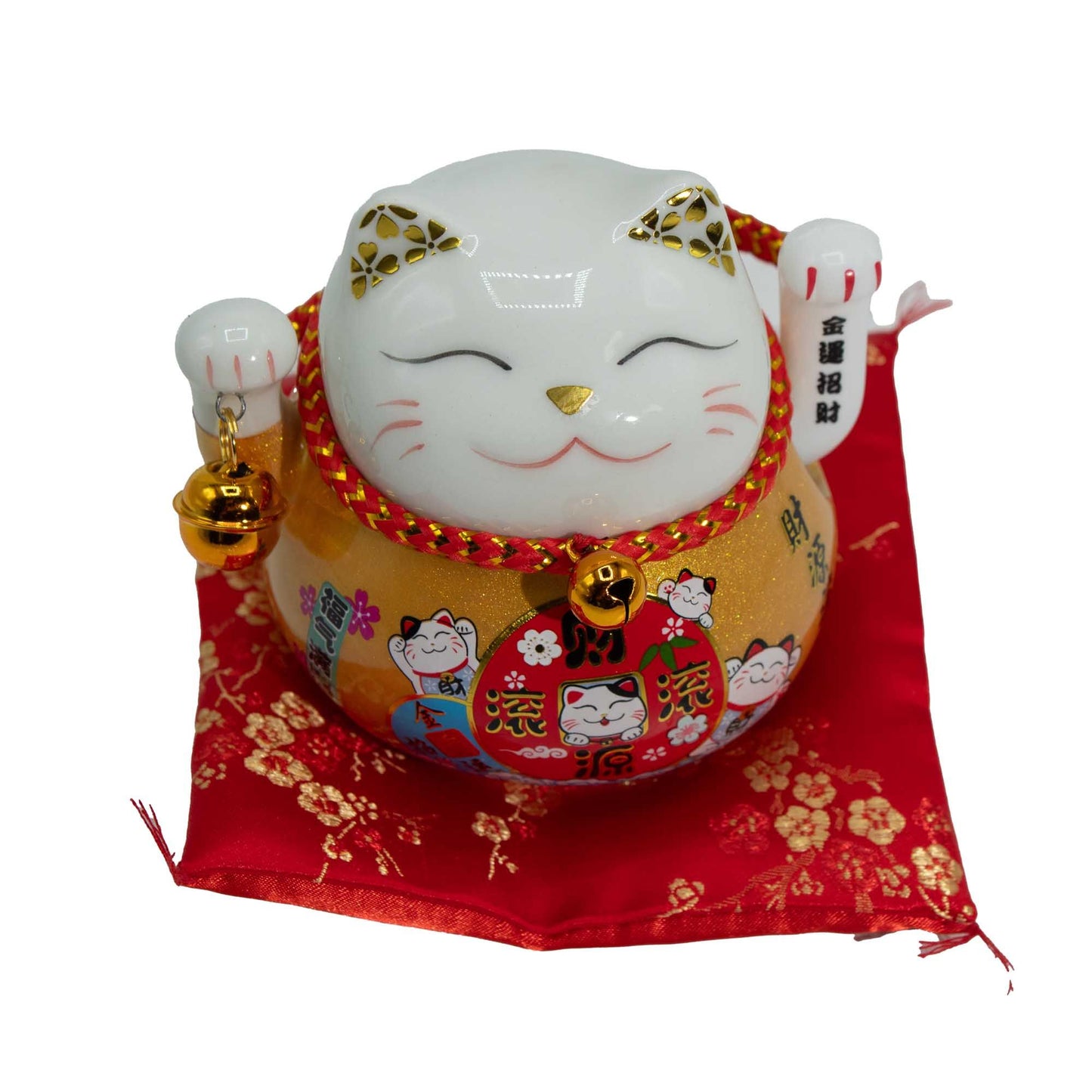 Adorno de Gato de la Suerte de Cerámica con Mano en Movimiento – Maneki Neko Dorado sobre Cojín Rojo