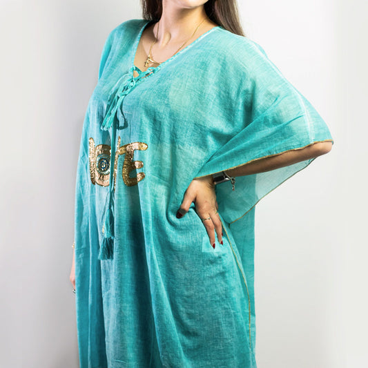Nomad Sari “On the Med” Collection Kaftan – Turquoise & Gold Love Design (Hand Painted Cotton)