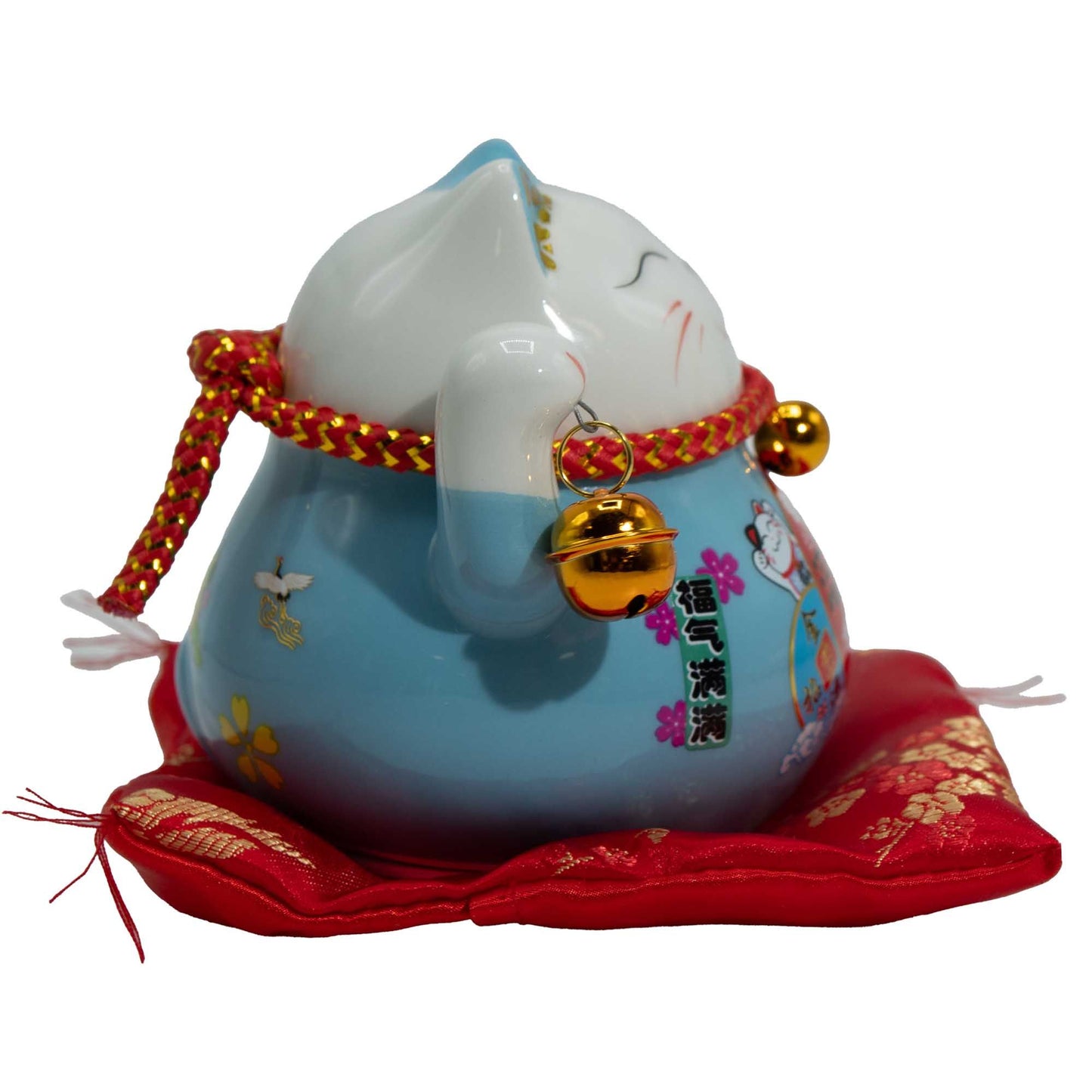 Blue Ceramic Money Cat (Maneki Neko) – Lucky Waving Cat Ornament on Red Cushion