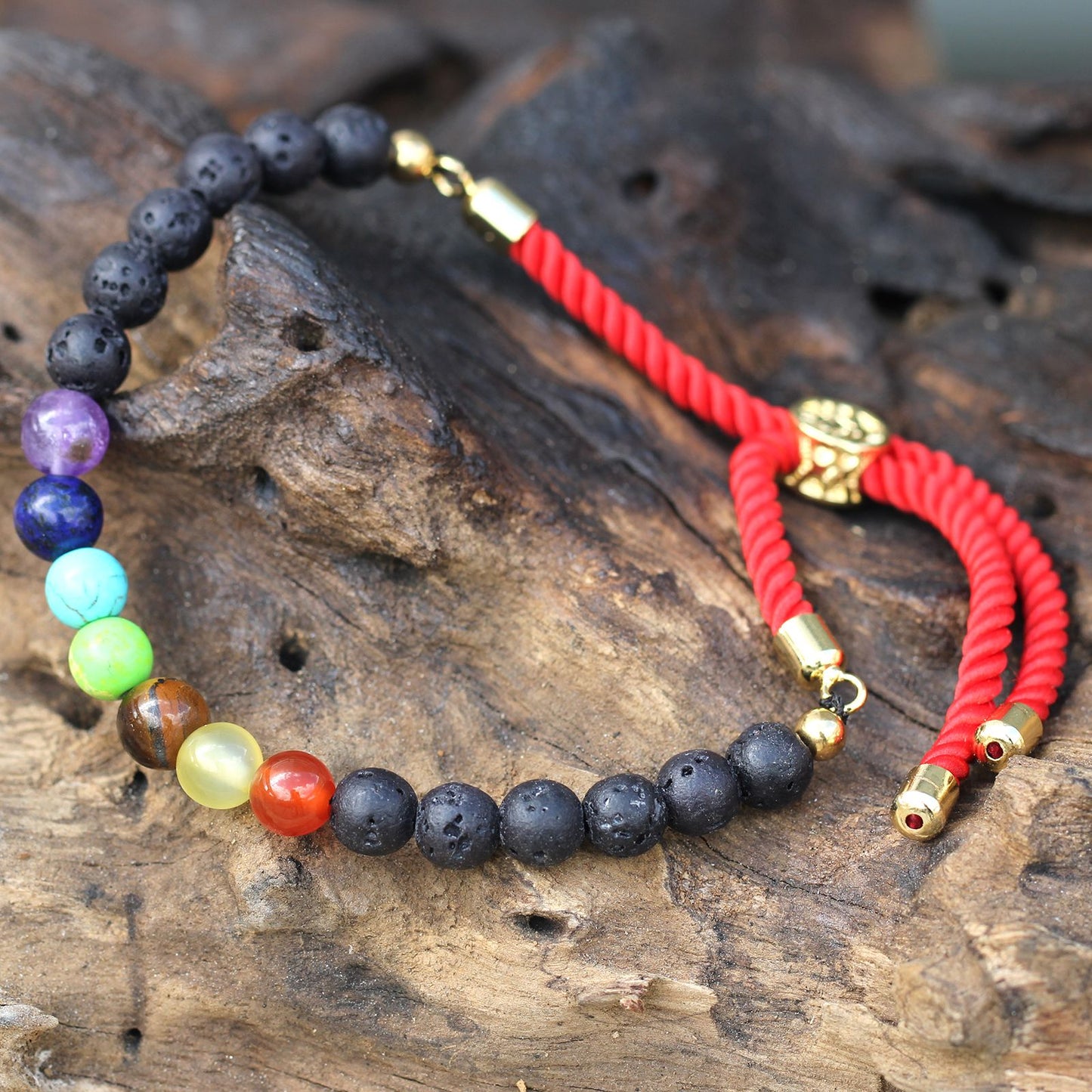 🪬 18K Gold Plated Gemstone Royal String Bracelet - Lava Stone Chakra 🌈