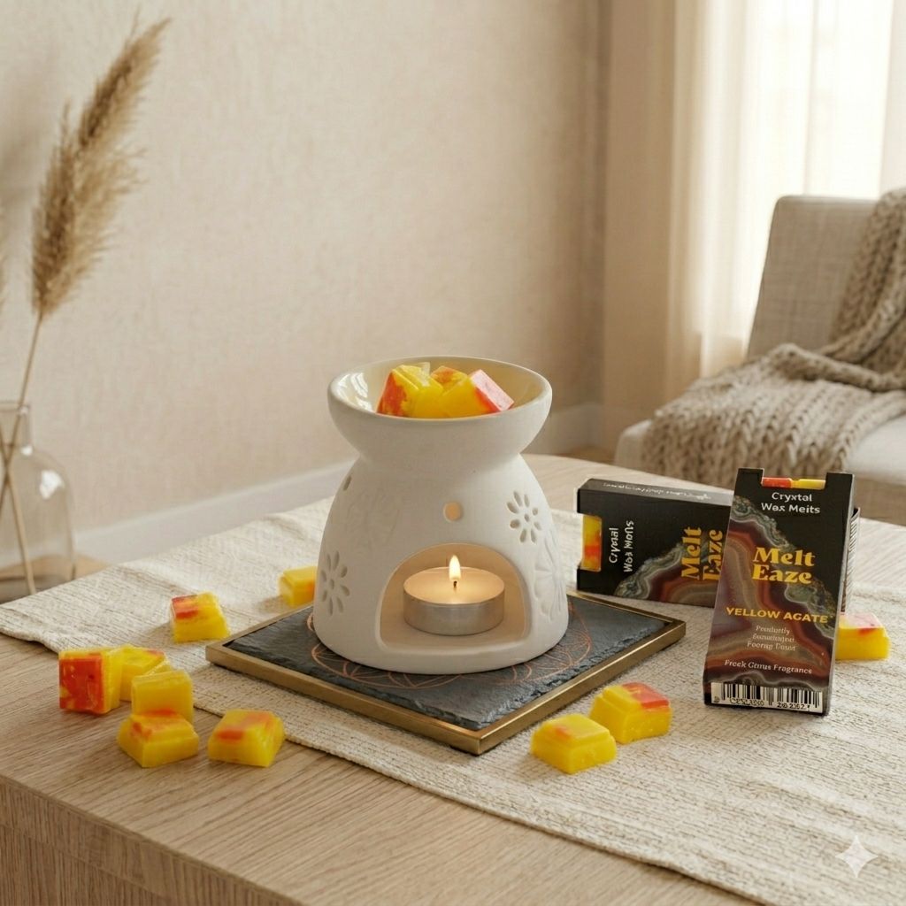 MeltEaze Carrés de cire parfumés Golden Glow – Carrés de cire parfumés aux agrumes avec éclats de pierres précieuses Agate jaune