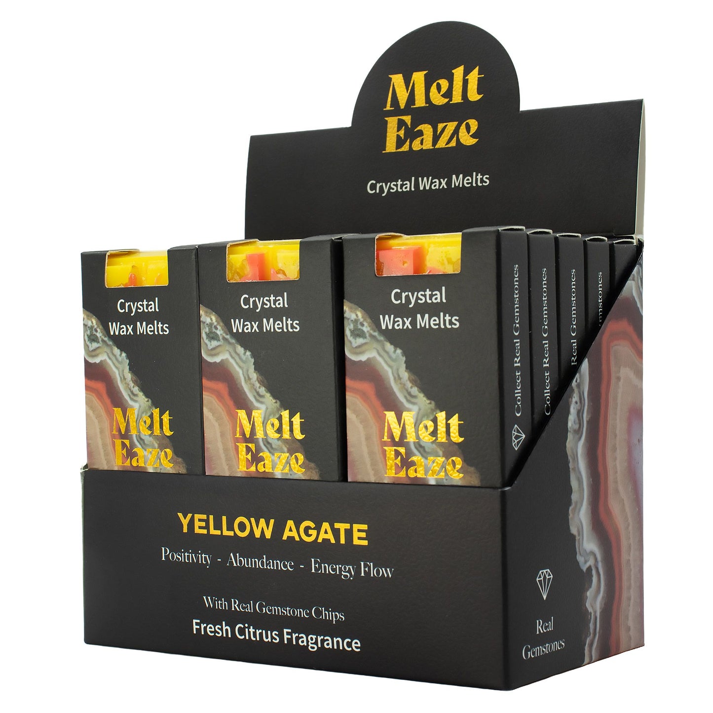 MeltEaze Carrés de cire parfumés Golden Glow – Carrés de cire parfumés aux agrumes avec éclats de pierres précieuses Agate jaune