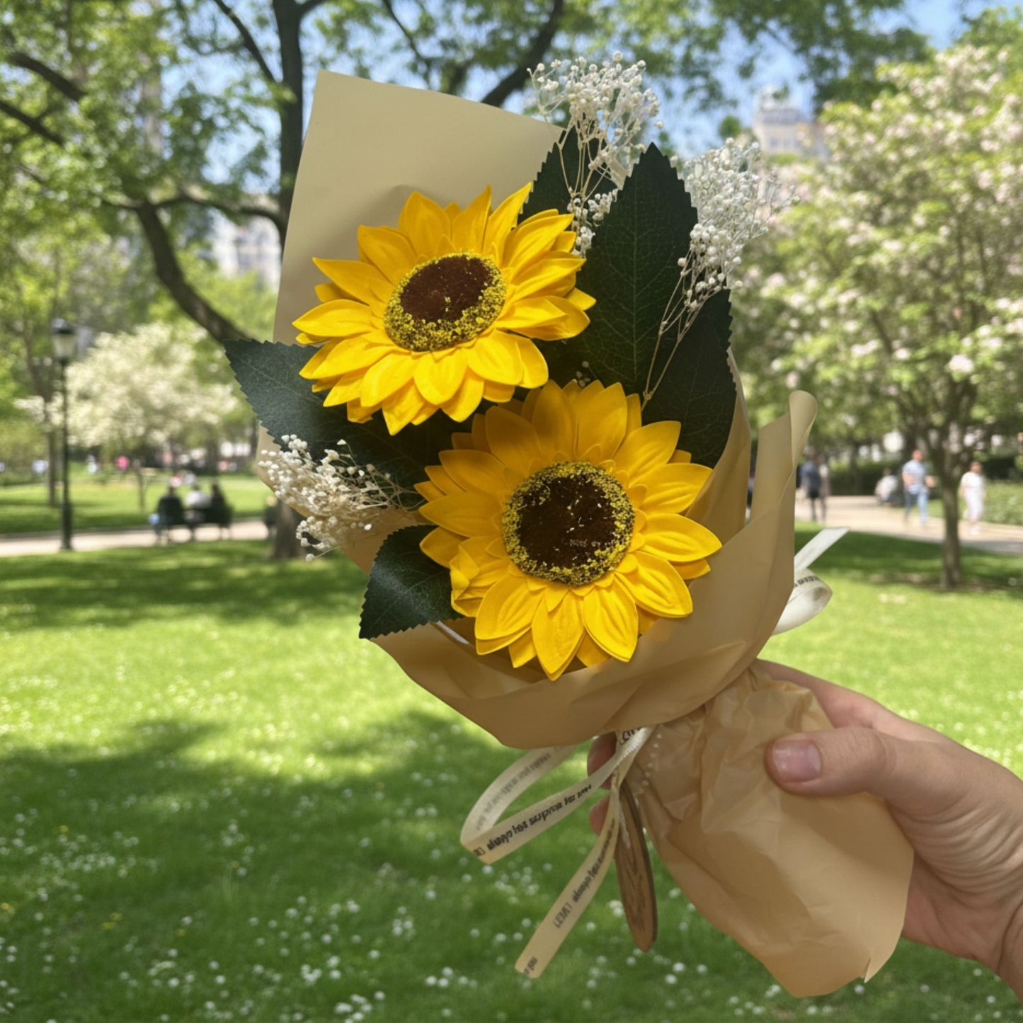 Bouquet de deux tournesols en fleurs de savon – Cadeau ensoleillé longue durée et délice pour le bain