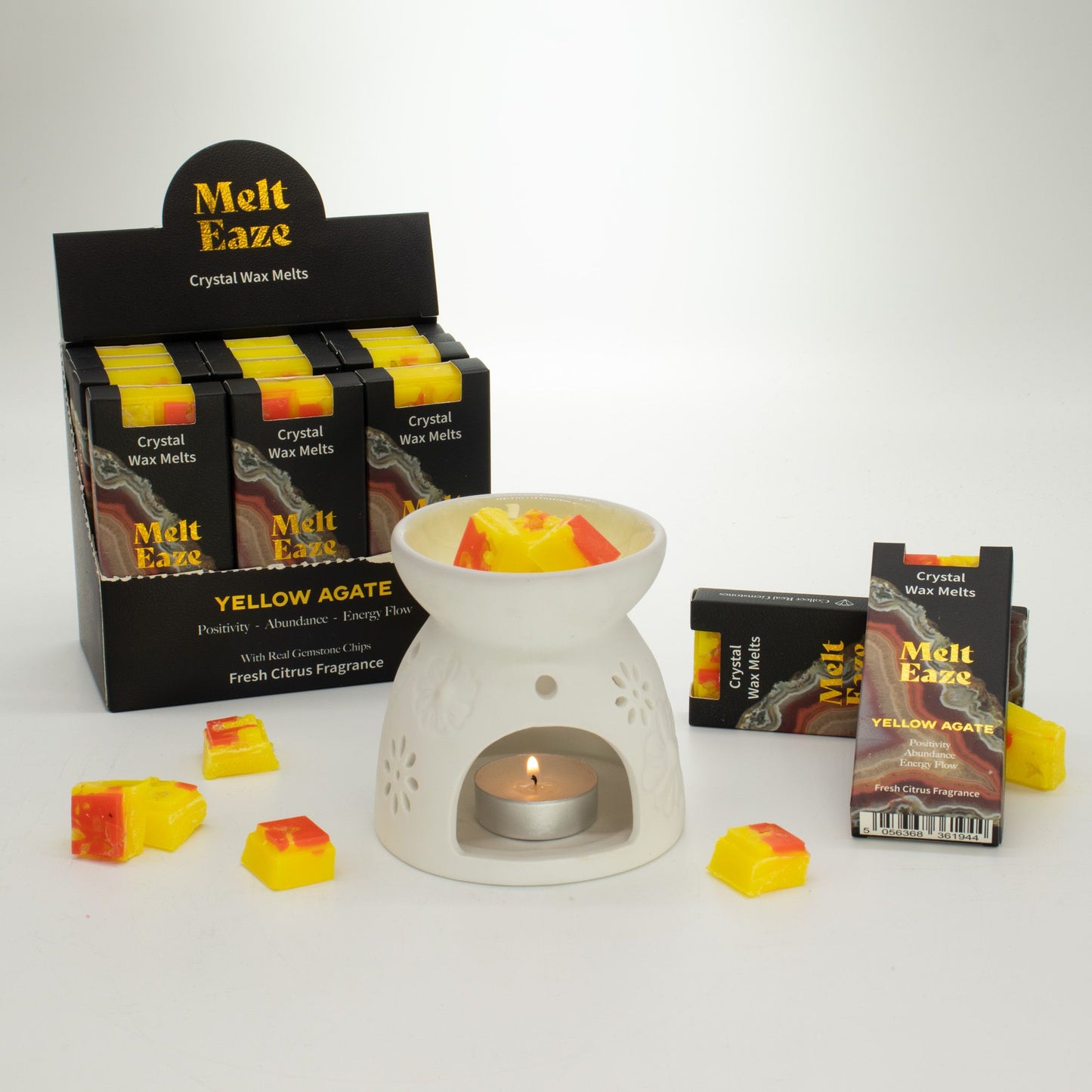 MeltEaze Carrés de cire parfumés Golden Glow – Carrés de cire parfumés aux agrumes avec éclats de pierres précieuses Agate jaune