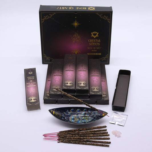 Rose Smudge Incense Sticks with Rose Quartz Chips (10 Pack) – Romantic Floral Aroma & Celestial Gift Set 💗🌙
