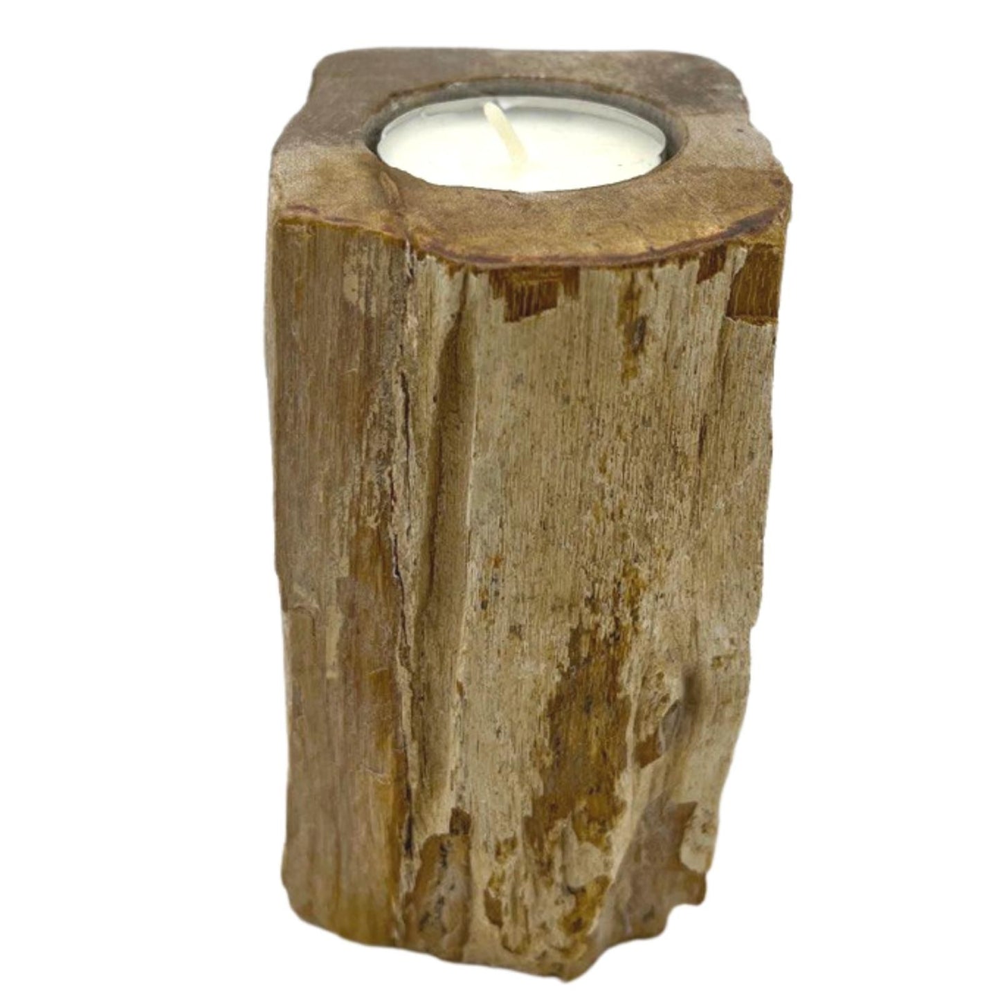 Portavelas de madera petrificada tallado a mano - Decoración rústica para el hogar