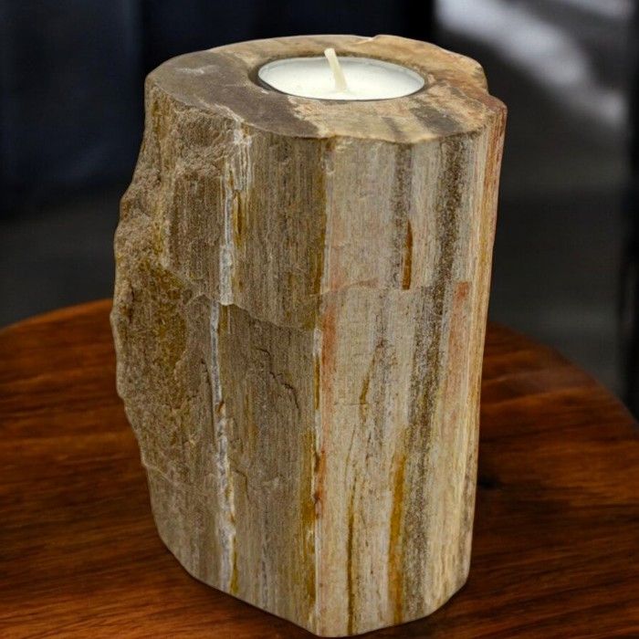 Portavelas de madera petrificada tallado a mano - Decoración rústica para el hogar