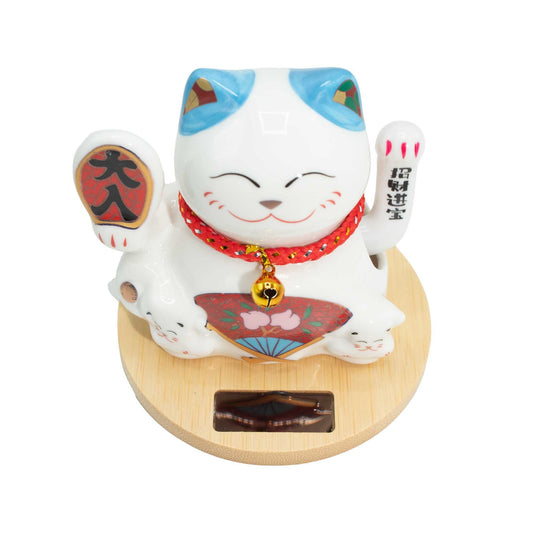 Blue & White Solar Money Cat Figurine (Light-Powered Waving Maneki-Neko)