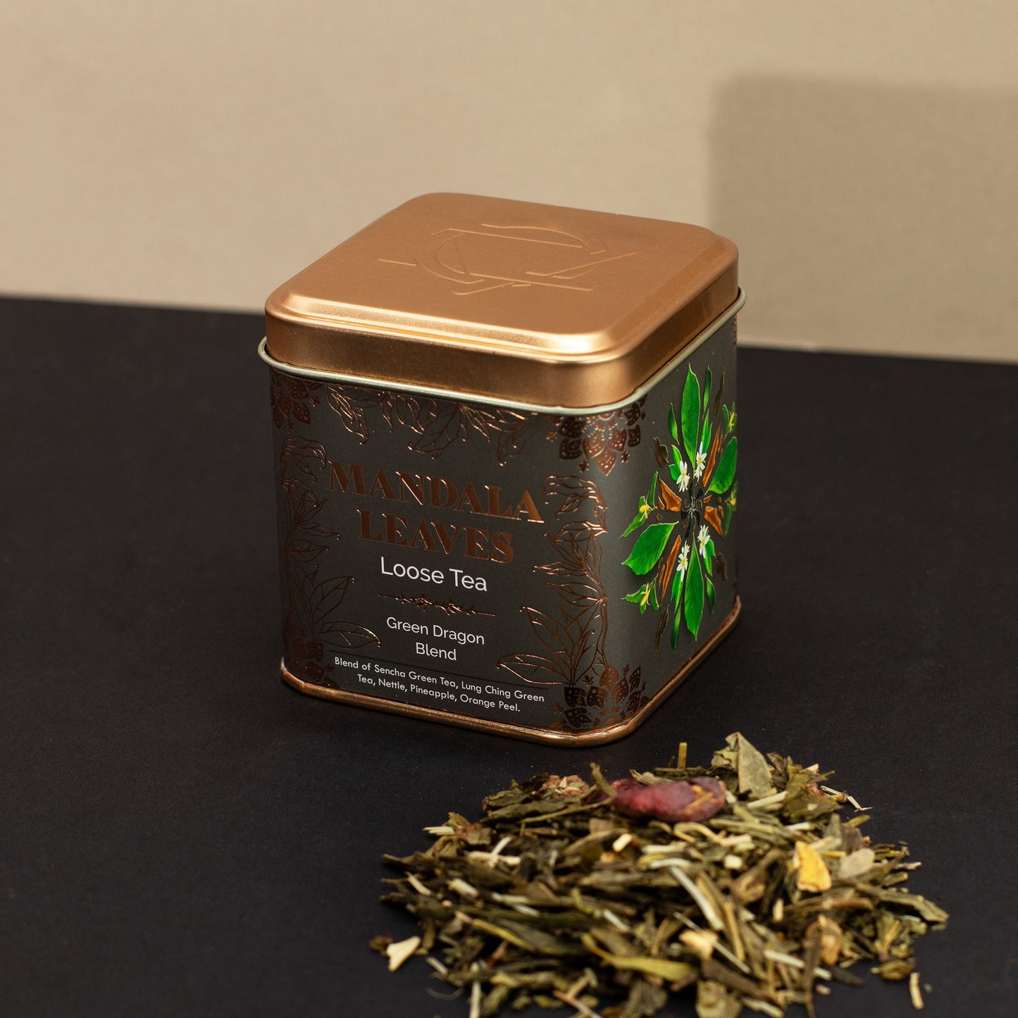 Thé Vert Mélange Green Dragon en Boîte 50g 🍵✨ | Sencha & Lung Ching | Ananas, Écorce d'Orange & Myrtille