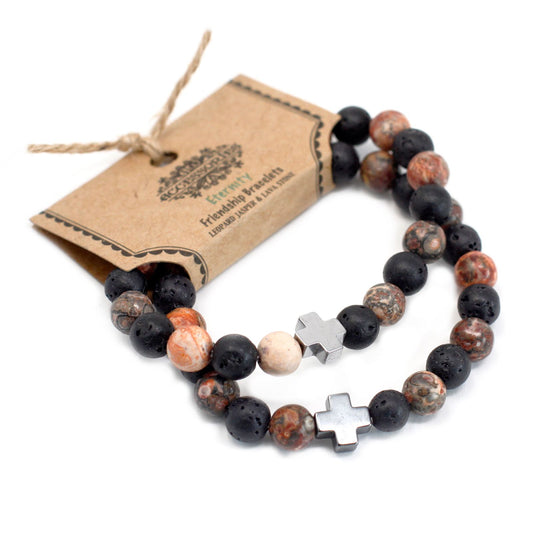 Set of 2 Gemstone Friendship Bracelets – Eternity – Leopard Skin Jasper & Lava Stone 🐆🖤