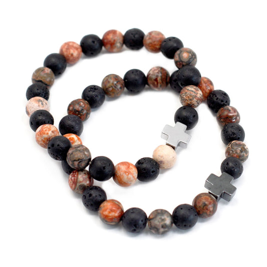 Set of 2 Gemstone Friendship Bracelets – Eternity – Leopard Skin Jasper & Lava Stone 🐆🖤