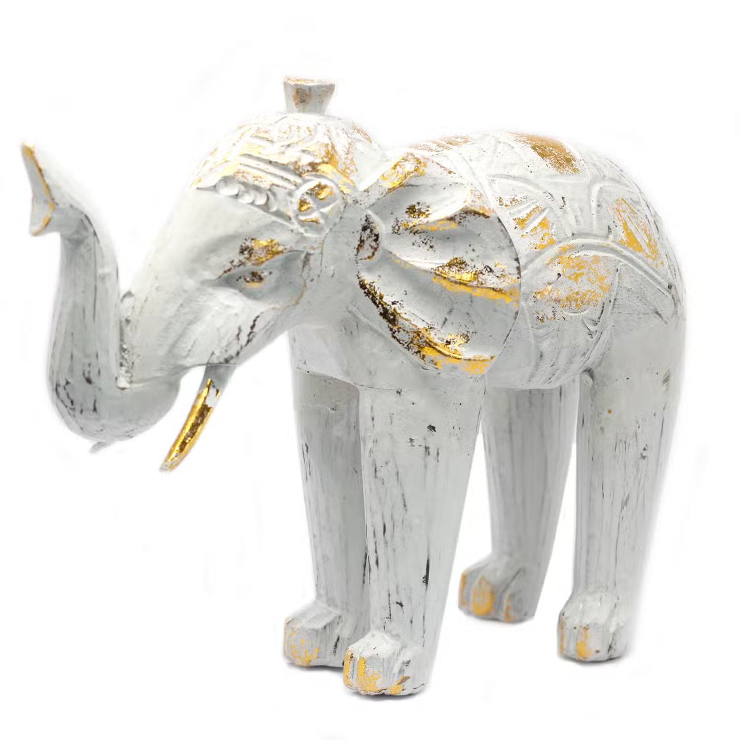 🌿 Wood Carved Elephant – Turquoise & Gold and White – Handcrafted Balinese Decor 🐘✨