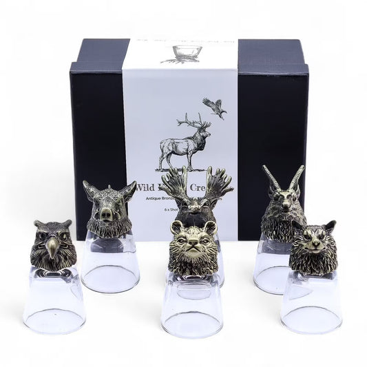 🦌 Gift Set of 6 Shot Glasses (50ml) – Wild Forest Creatures – Antique Bronze 🌲