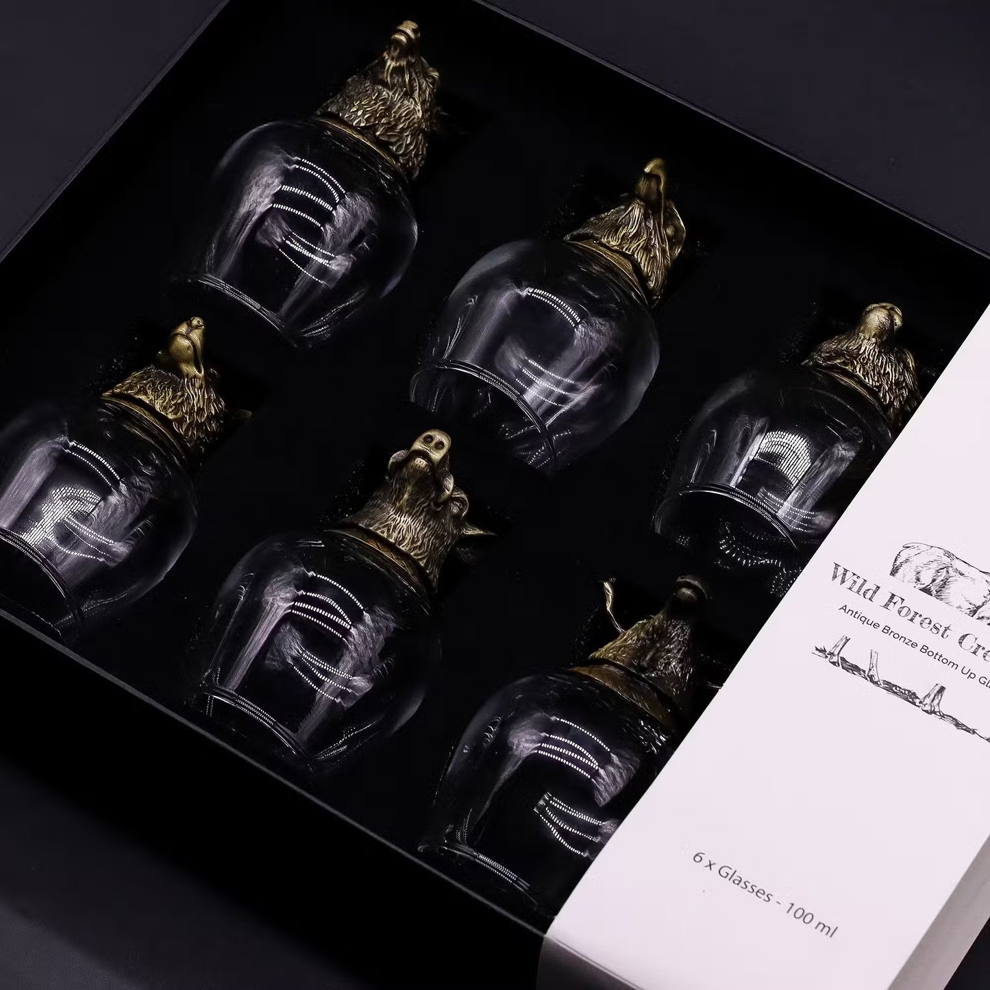 🦌 Gift Set of 6 Shot Glasses (50ml) – Wild Forest Creatures – Antique Bronze 🌲
