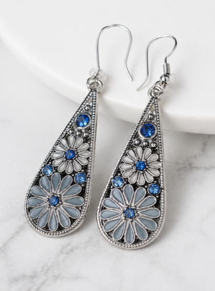 Handmade Silver Tone Floral Teardrop Earrings with Blue Rhinestones
